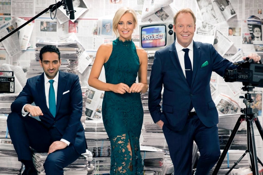 Weeknights are anchored by Waleed Aly, Carrie Bickmore and Peter Helliar from The Project