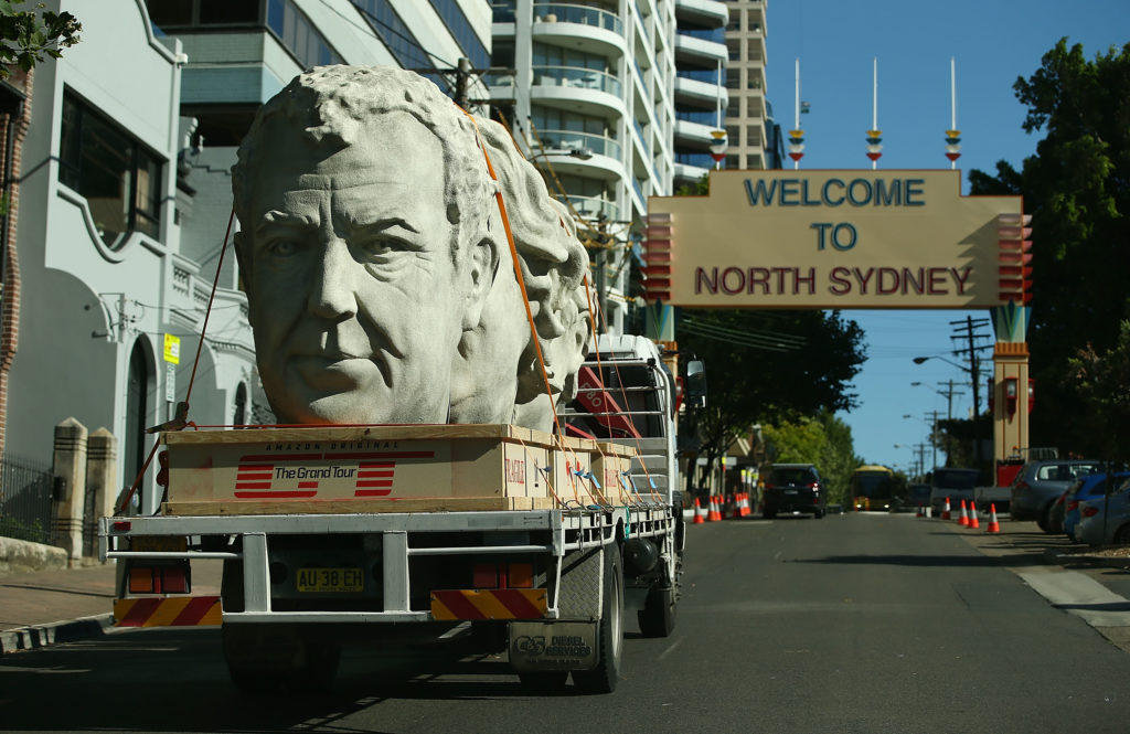 Giant stone heads of The Grand Tour presenters bring Sydney to a standstill