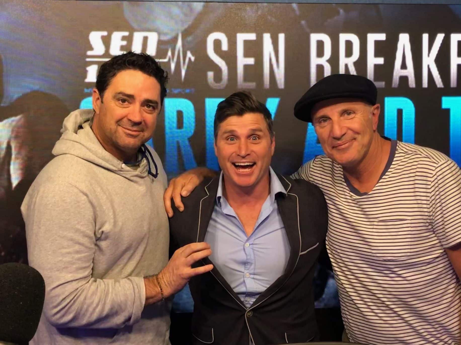 SEN breakfast hosts Garry Lyon and Tim Watson with guest Shane Crawford.  The show recorded its best audiences in five years this week as the station reported its biggest ever cume audience.