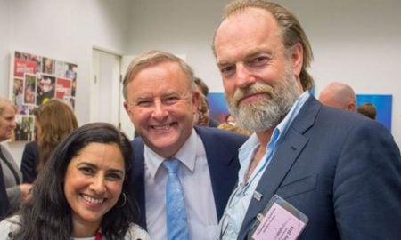 Anthony Albanese with actors Leah Vandenberg and Hugo Weaving in Canberra