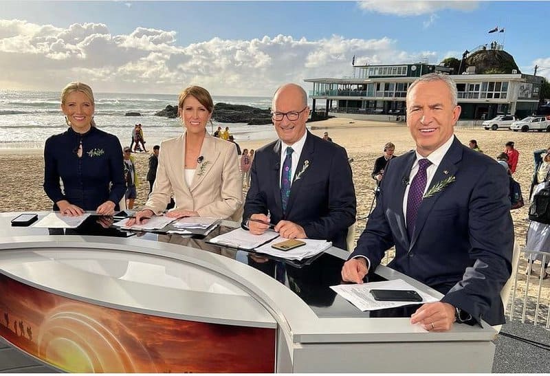 Angie Asimus at the dawn service this year at Currumbin with Sunrise team Natalie Barr, David Koch and Mark Beretta