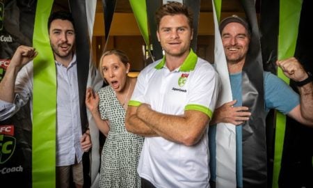 News Corp Australia - SuperCoach ambassador Heath Shaw with footy fan Adam Bliss, 2021 winner Emily Challis and 2022 winner JP Haigh