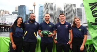 FXSP NRL 2023 Season Launch_Tiana Penitani, Junior Paulo, James Tedesco, Victor Radley and Jessica Sergis_Photo_Brett Costello