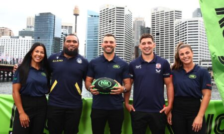 FXSP NRL 2023 Season Launch_Tiana Penitani, Junior Paulo, James Tedesco, Victor Radley and Jessica Sergis_Photo_Brett Costello