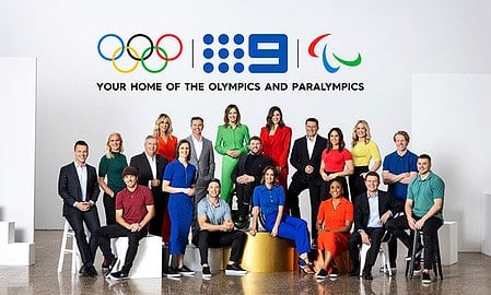 Paris 2024 commentators: Front row: James Bracey, Mitch Tomlinson, Ellie Cole, Ryan Williams, Brooke Boney, Sera Naiqama, Alex Cullen and Drew Mitchell Back row: Kerri Pottharst, Eddie McGuire, Leila McKinnon, Todd Woodbridge, Ally Langdon, Dylan Alcott, Sarah Abo, Karl Stefanovic, Georgie Parker, Kate Bates and Steve Hooker