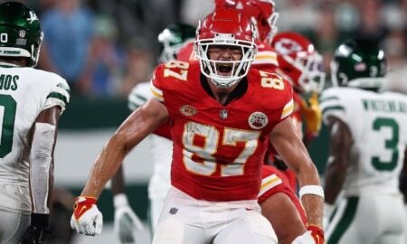 The Kansas City Chiefs played against the New York Jets at MetLife Stadium on Sunday. Taylor Swift was there to cheer them on. PHOTO- ELSA:GETTY IMAGES