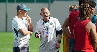 Former Wallabies coach Eddie Jones (R) with staff member David Rath (L)