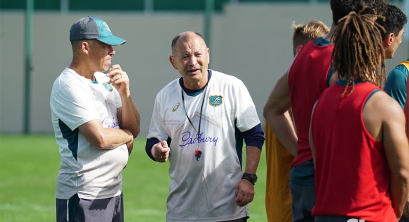 Former Wallabies coach Eddie Jones (R) with staff member David Rath (L)