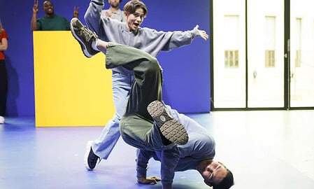 Oksana Chusovitina and Ardan Galymuly at the Paris 2024 Team Visa Summit participate in a branding workshop on Wednesday, Nov. 1, 2023 at the Palais de Tokyo in Paris.(Thomas Padilla/AP Images for Visa)