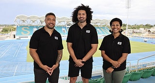 ABC sports presenters Sam Wykes, Tinirau Arona and Anna-Liza Mopio-Jane in Honiara