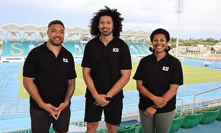 ABC sports presenters Sam Wykes, Tinirau Arona and Anna-Liza Mopio-Jane in Honiara