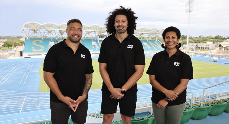 ABC sports presenters Sam Wykes, Tinirau Arona and Anna-Liza Mopio-Jane in Honiara