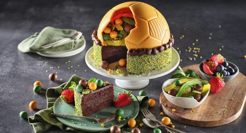 Woolworths Olympics green and gold soccer ball smash cake