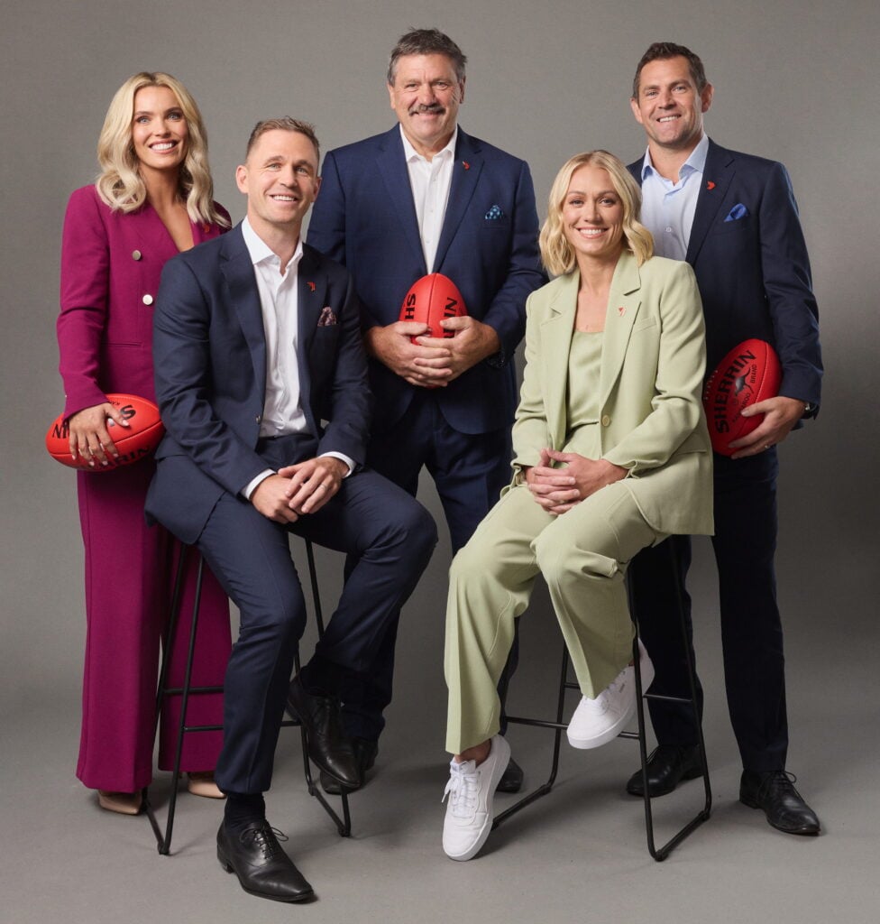 Some of Seven's footy team: Abbey Holmes, Joel Selwood, Brian Taylor, Erin Phillips and Luke Hodge