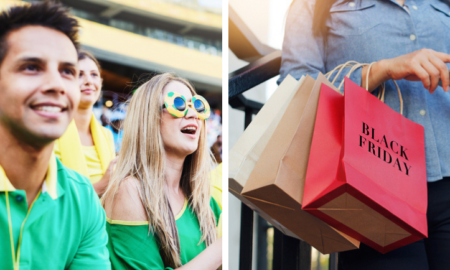 People cheering and shopping bags