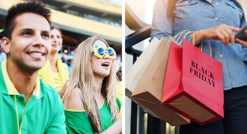 People cheering and shopping bags