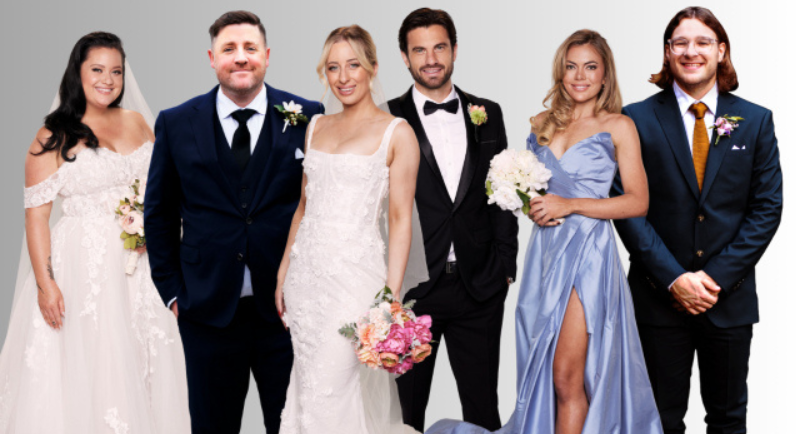 Cast of Married at first sight in wedding clothes lined up