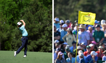 Cameron Smith playing golf and Masters flag