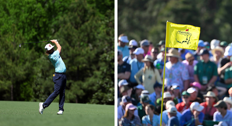 Cameron Smith playing golf and Masters flag