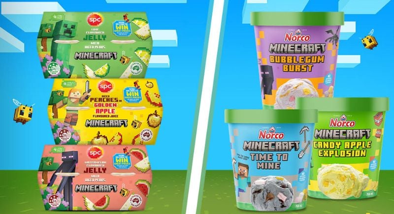 SPC and Norco expand their supermarket presence with an 18-month Minecraft partnership, leveraging brand licensing to drive engagement in fruit snacks, baked beans, spaghetti, and ice cream.