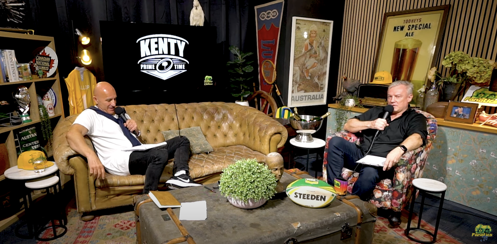 Kent (right) and former NRL player John Elias on Kent's new podcast.