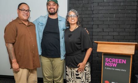 Gabriel Faatau’uu-Satiu, Taofia Pelesasa and Kyas Hepworth, Head of Screen NSW, attend Screen NSW’s inaugural Western Sydney Session 2025.