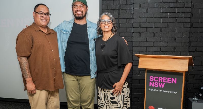 Gabriel Faatau’uu-Satiu, Taofia Pelesasa and Kyas Hepworth, Head of Screen NSW, attend Screen NSW’s inaugural Western Sydney Session 2025.