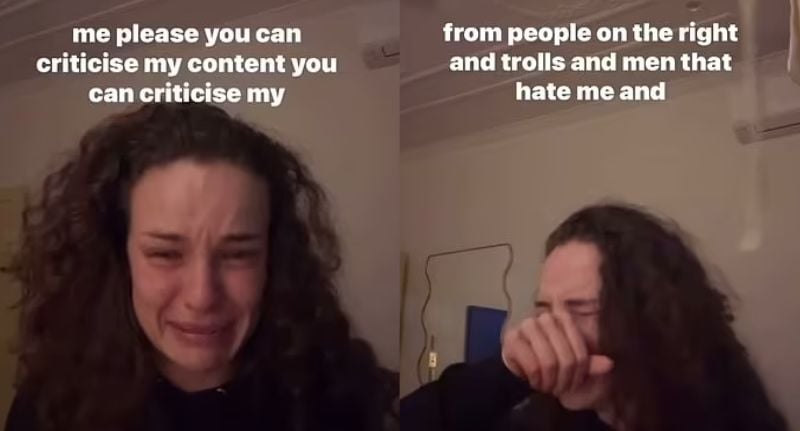 Abbie Chatfield breaking down in a video in which she pleads with Clementine Ford to leave her alone.