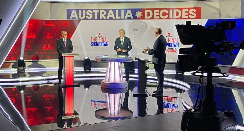 Riley hosting Seven News' Leaders Debate between Albanese and Dutton.