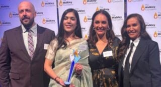 Winners of the Our Watch Award for Excellence in Reporting on Violence Against Women, The ABC’s News Breakfast Team, from left Executive Producer Tyson Shine, Producer Tavleen Singh and Anchor Bridget Brennan with Our Watch’s Regan Mitchell.