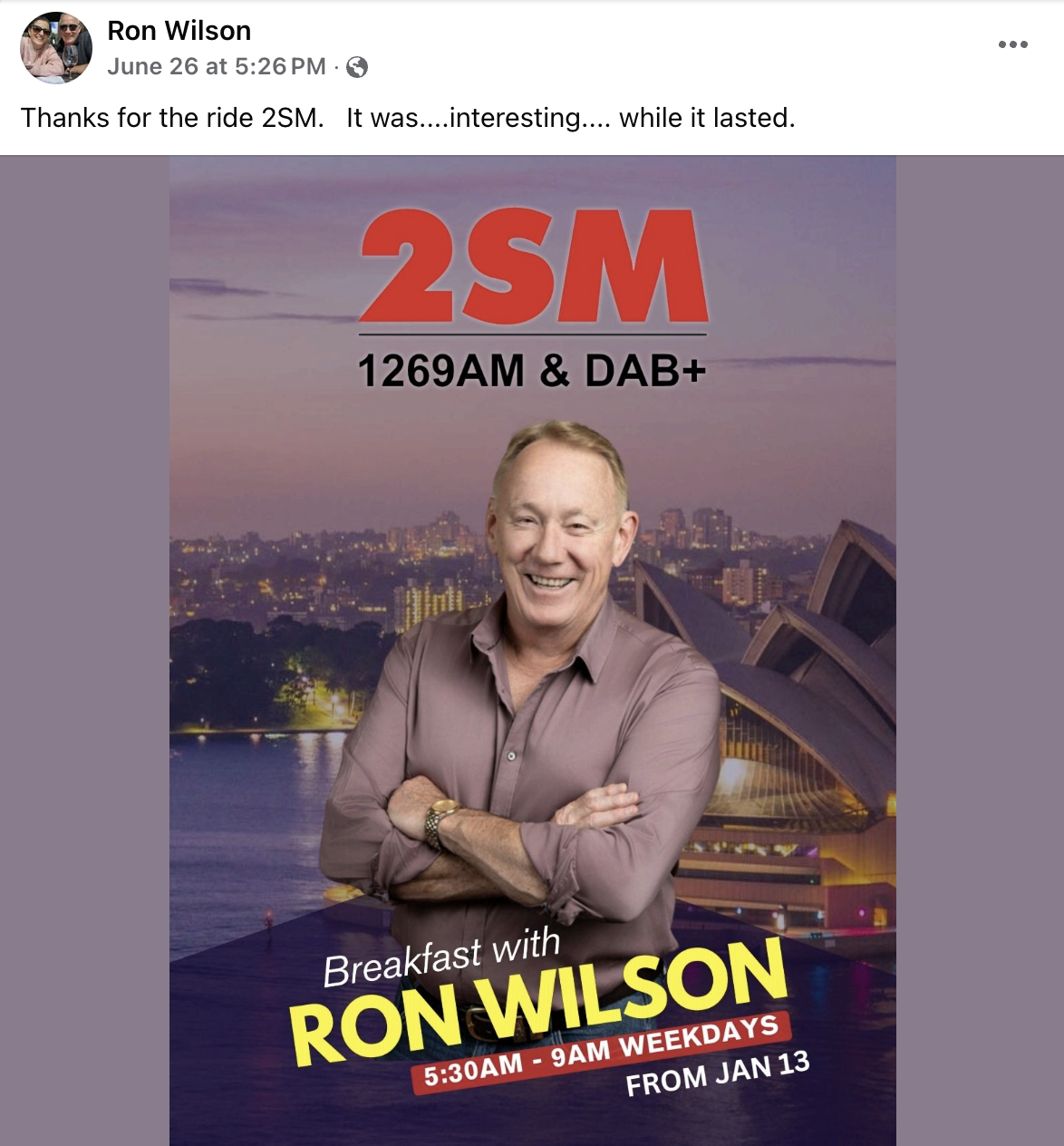 Ron Wilson's Facebook announcement.