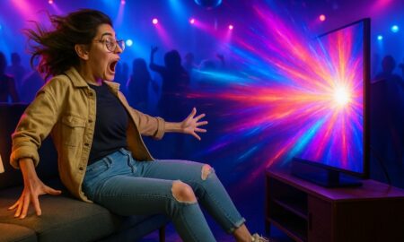 Woman watches Foxtel music channels in a nightclub