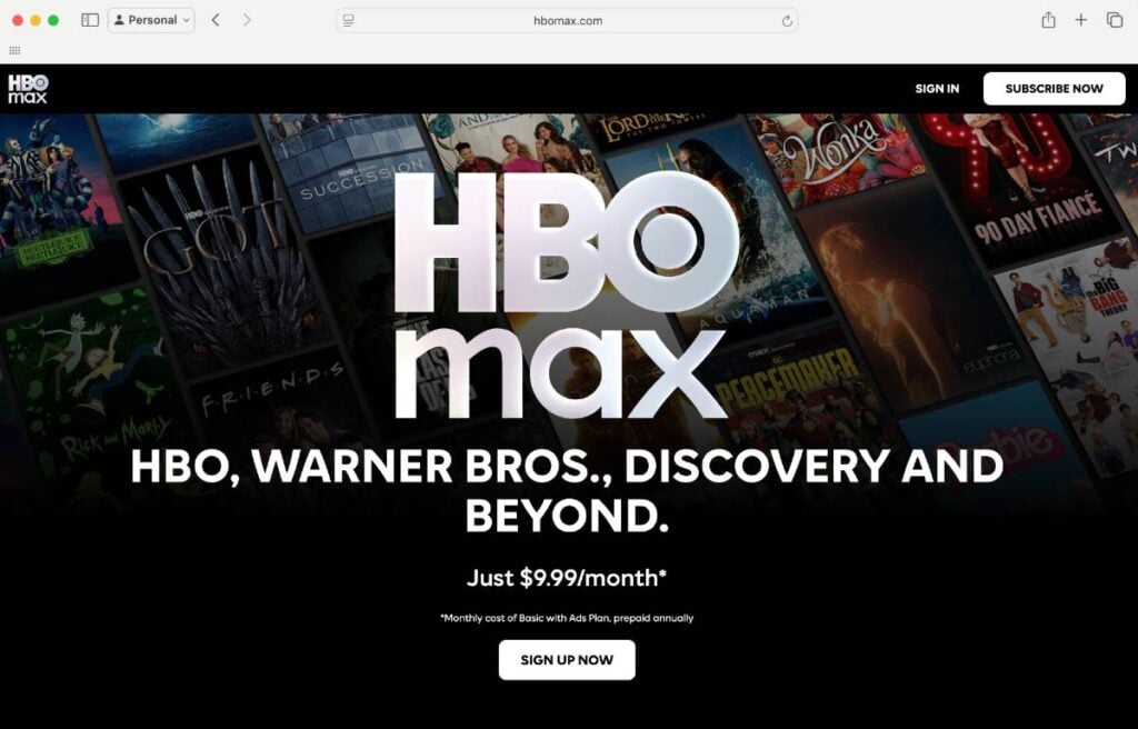 HBO Max website screenshot