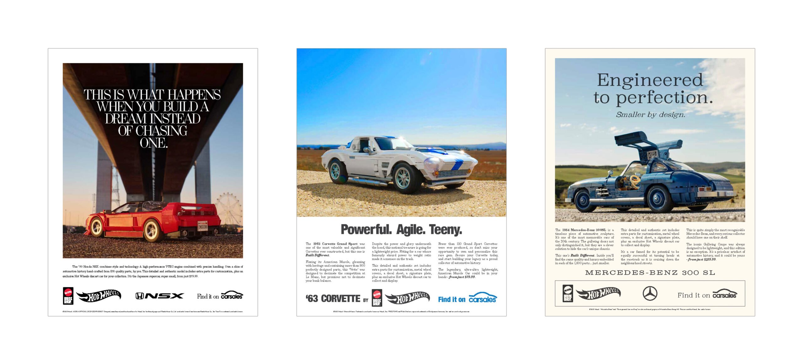 Vintage style press ads, based on the original magazine ads for each model