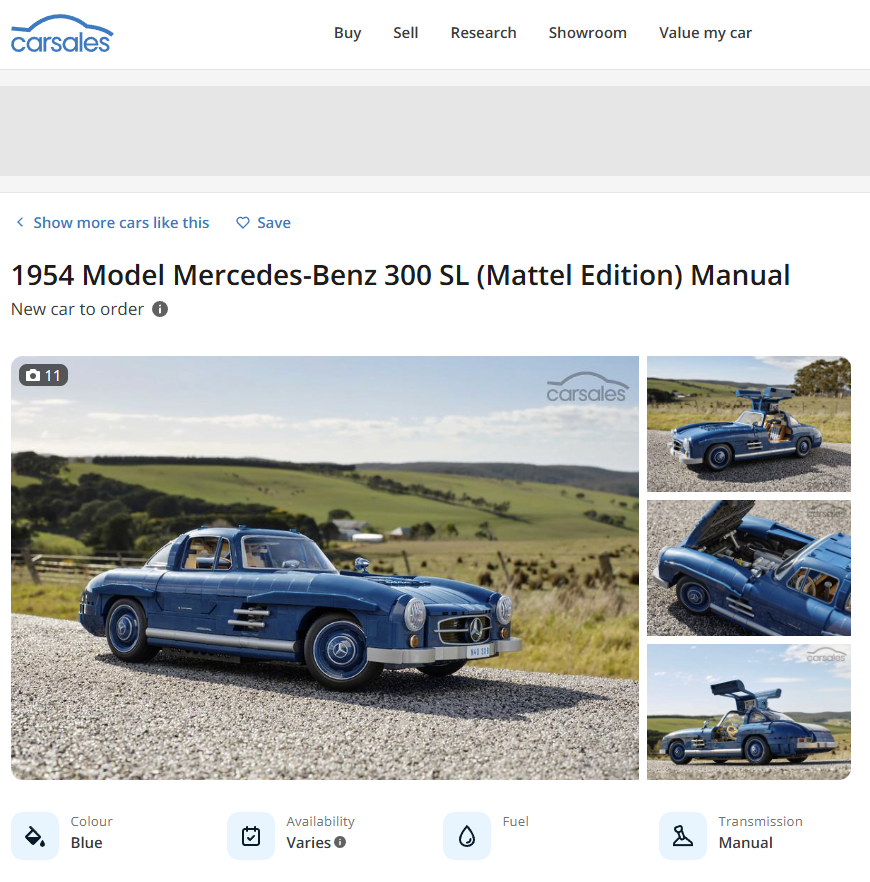 1954 Model Mercedes-Benz 300 SL (Mattel Edition) Manual on Carsales.com.au. Click for the listing.