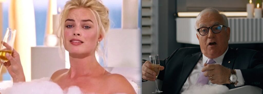 Margot Robbie and Alan Kohler depicted in bathtubs