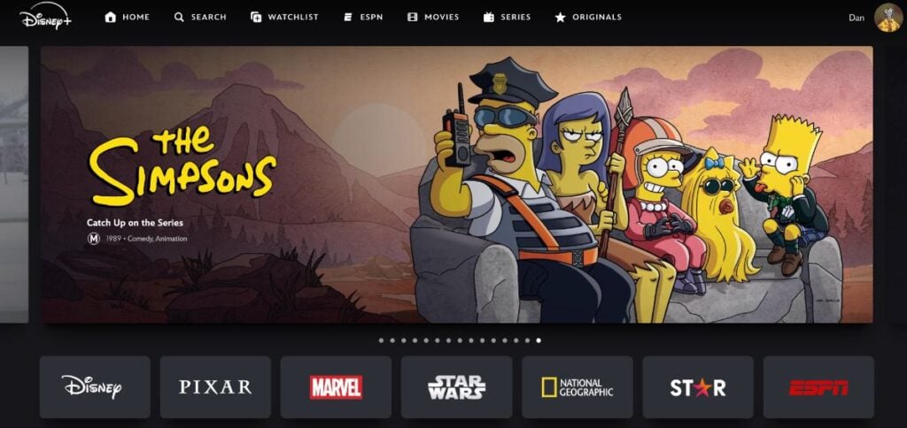 Disney Plus home screen