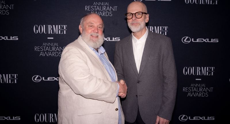 LARK Distillery co-founder Bill Lark with Gourmet Traveller editor David Meagher