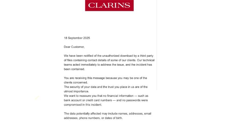 The Clarins hack email sent out to Australian customers