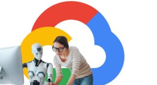 Woman works alongside bot in front of Google Cloud logo