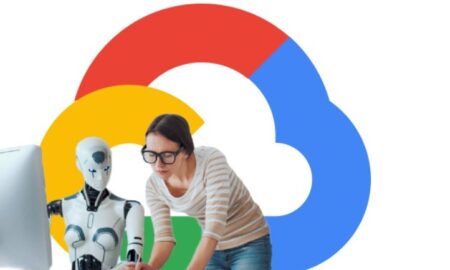 Woman works alongside bot in front of Google Cloud logo