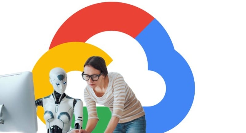 Woman works alongside bot in front of Google Cloud logo