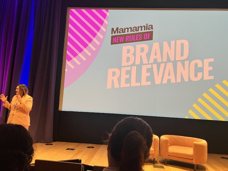 Natalie Harvey on stage at the Mamamia upfronts event