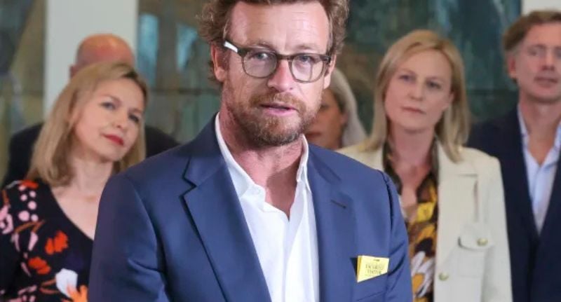 Actor Simon Baker speaks outside Parliament 
