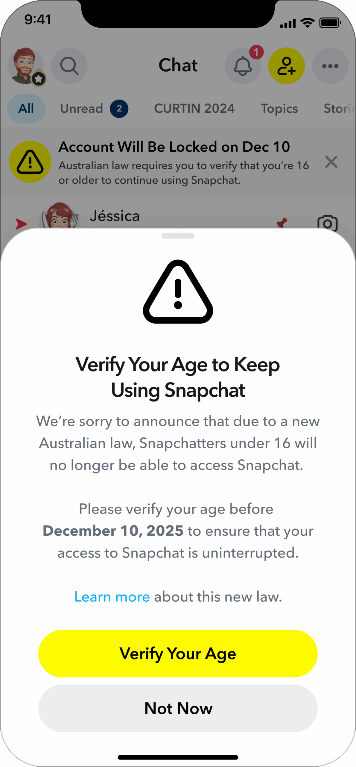 The prompt on Snapchat that accounts detected as being under-16 saw before the social media ban.