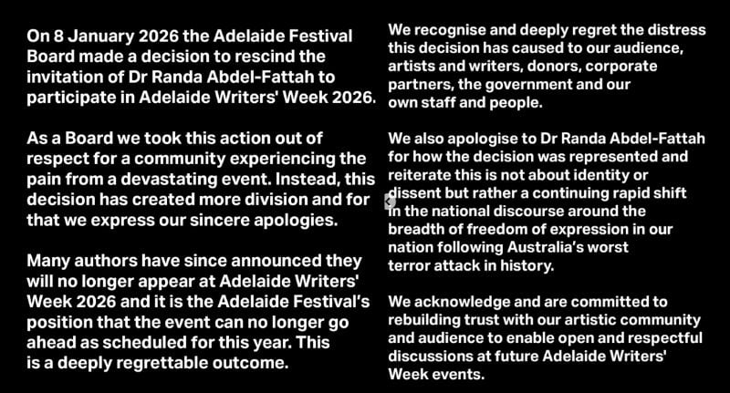 The statement posted to The Adelaide Writers Week Instagram.