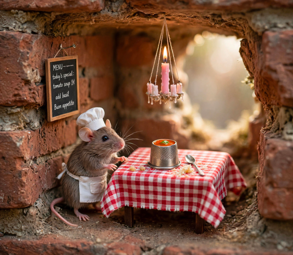 Prompt: A tiny mouse running a miniature Italian restaurant out of a hole in a brick wall — checkered tablecloth on a matchbox table, a birthday candle chandelier that is suspended from ceiling with thread, and a thimble of tomato soup for the guest. Soft warm light, macro photography style, shallow depth of field.