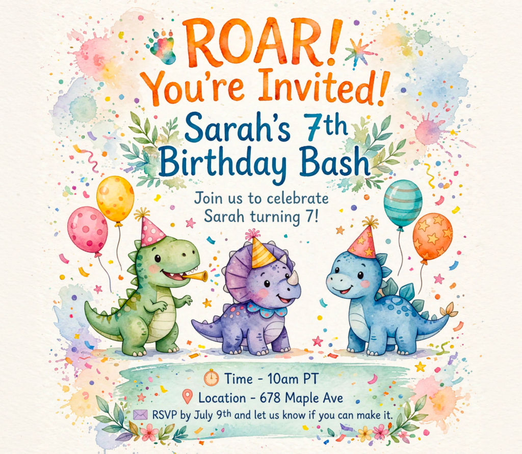 Prompt: Colorful kids' dino birthday invitation for Sarah, age 7, July 19th. Text: 'ROAR! You're Invited!', 'Sarah's 7th Birthday Bash', 'Join us to celebrate Sarah turning 7!'. Cartoon dinosaurs with party hats, balloons, confetti. At bottom list: Time - 10am PT; Location - 678 Maple Ave; RSVP by July 9th and let us know if you can make it. Watercolor style.
