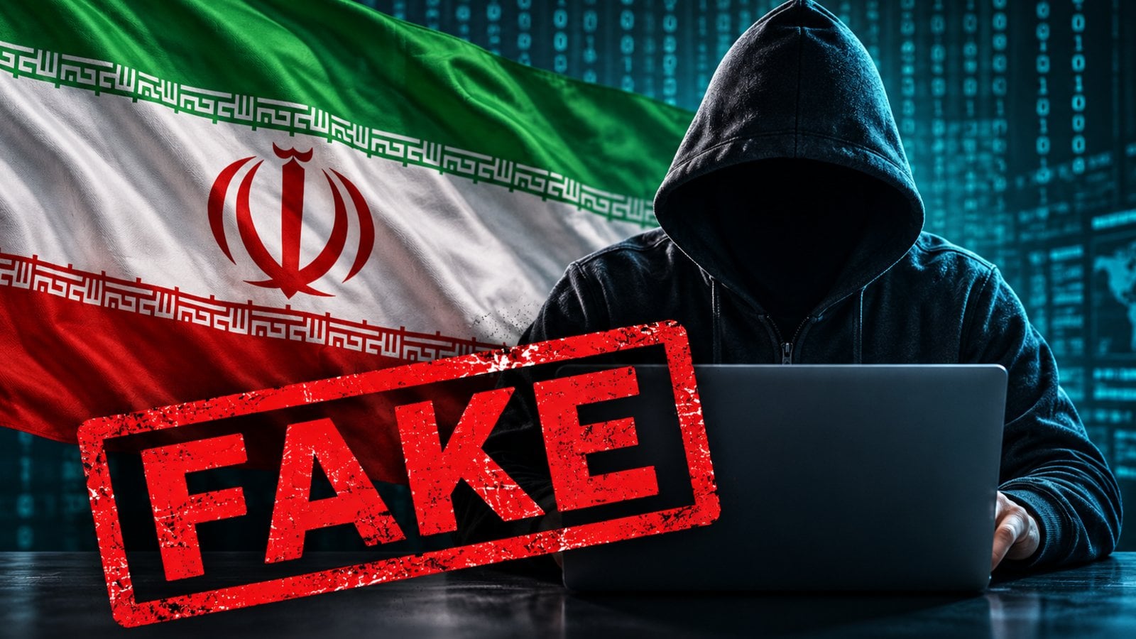 هکری با چهره پوشیده در کنار پرچم ایران و مُهر جعلی