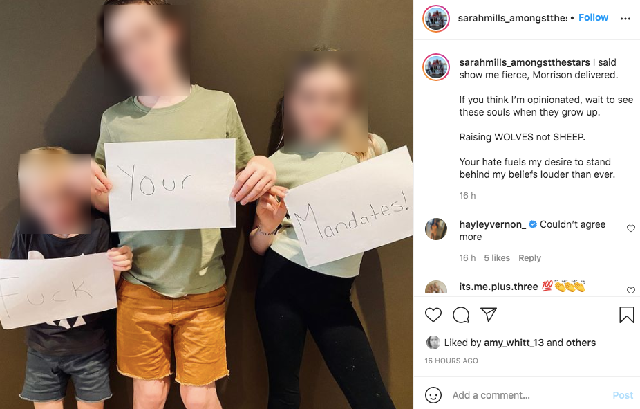 Sarah Mills compared lockdown to the Holocaust on Instagram.